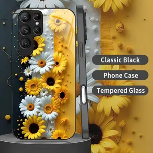 Cottagecore Sunflower Phone Case Aesthetic Yellow Daisy & Floral Black Cover for Galaxy S22 Ultra 5g  --975