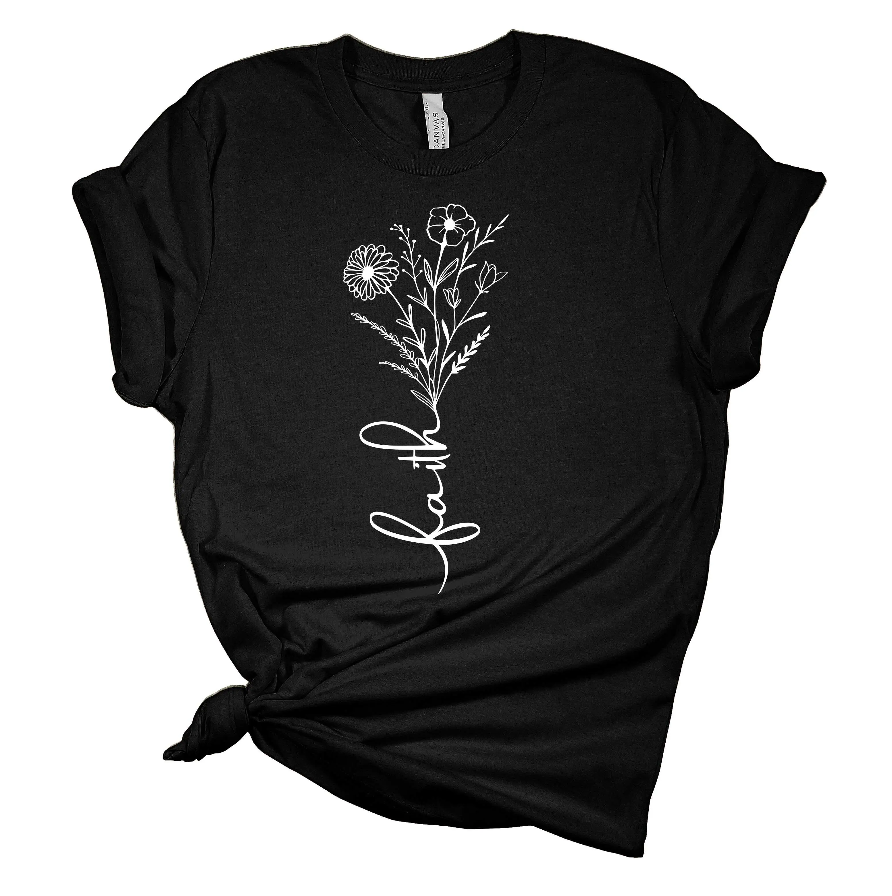 TRENZ SHIRT COMPANY Women's Comfy Cotton T-Shirt, Short Sleeve Faith Theme Top with Floral Print, Casual Apparel with Taped Neck