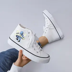 2026 New Lady High-Top Canvas Shoes Korean Version Cartoon Print Breathable Casual Shoes Thick Sole Height Increasing Student Board Shoes Ins Trendy Versatile White Shoes Women's Shoes