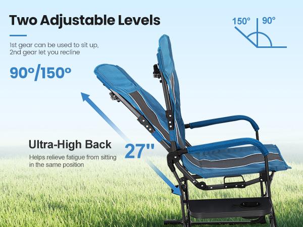 PHI VILLA 27” High Back Adjustable Camping Chair, 2-Position Reclining Folding Director Chair Supports 300lbs, Heavy Duty Outdoor Lawn Chair with Side Shelf