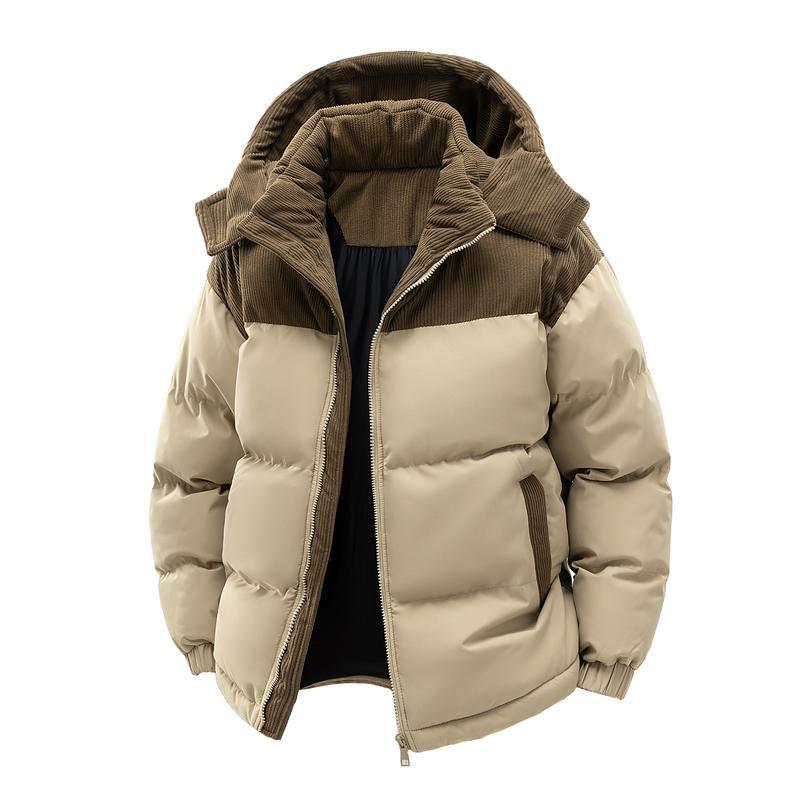 Men's Hooded Puffer Jacket Warm Quilted Zip-Up Coat Casual Corduroy Patchwork Winter Outerwear Windproof Anti-Running Cotton