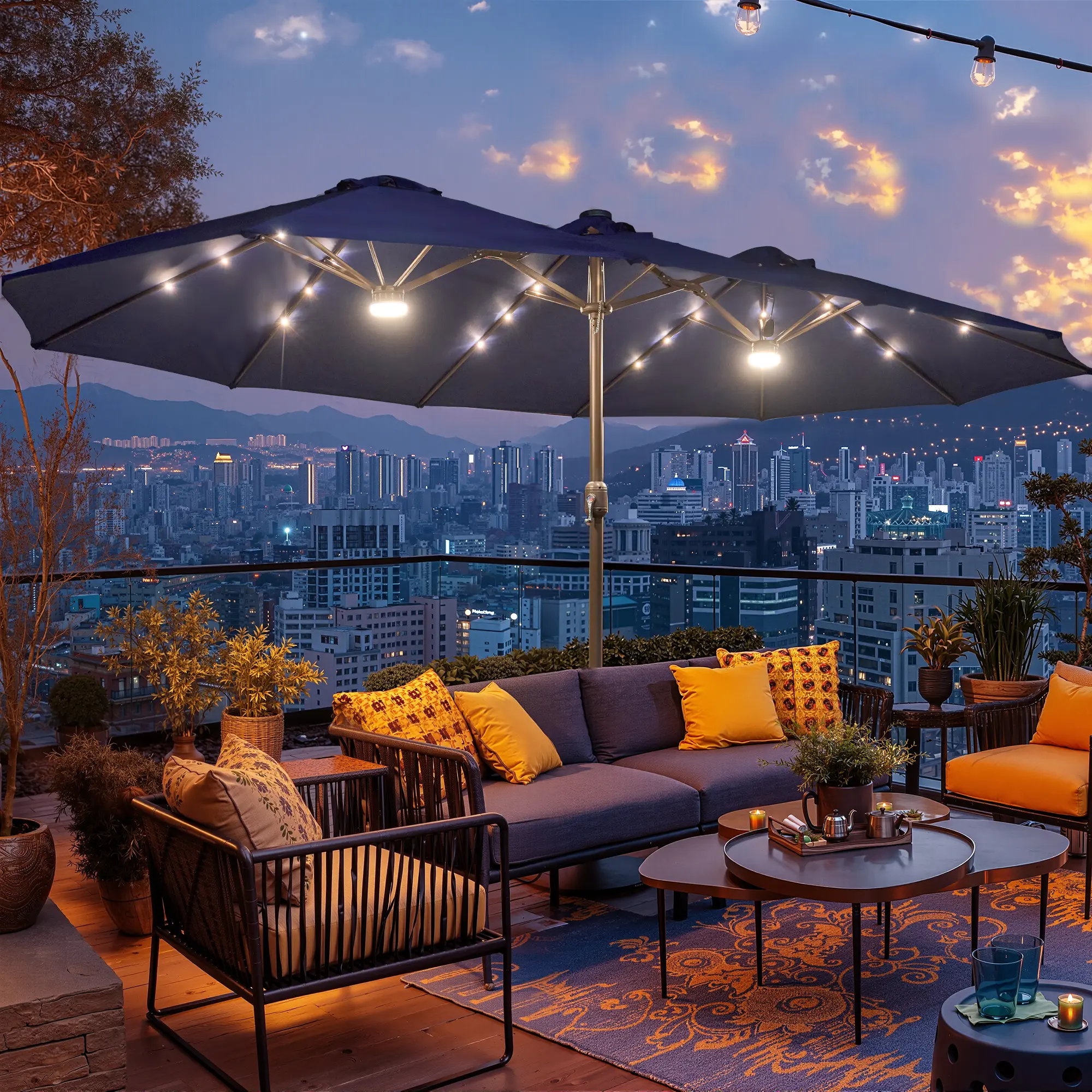 Navy Blue | Lighted Umbrella with Base