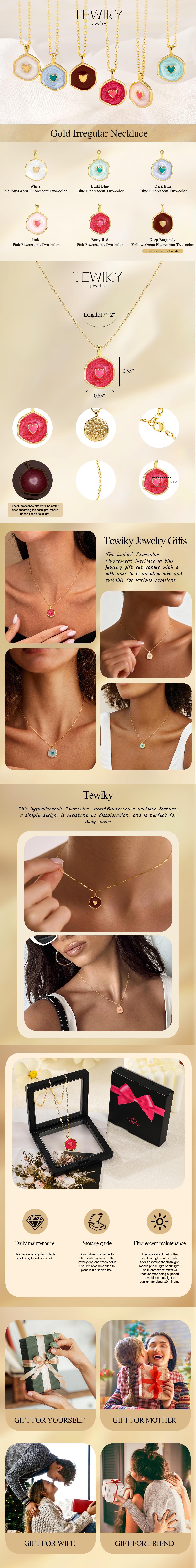 Tewiky 14K Gold Plated Irregular Two-Tone Glow-in-the-Dark Heart Coin Pendant Necklace - For Valentine's Day gifts