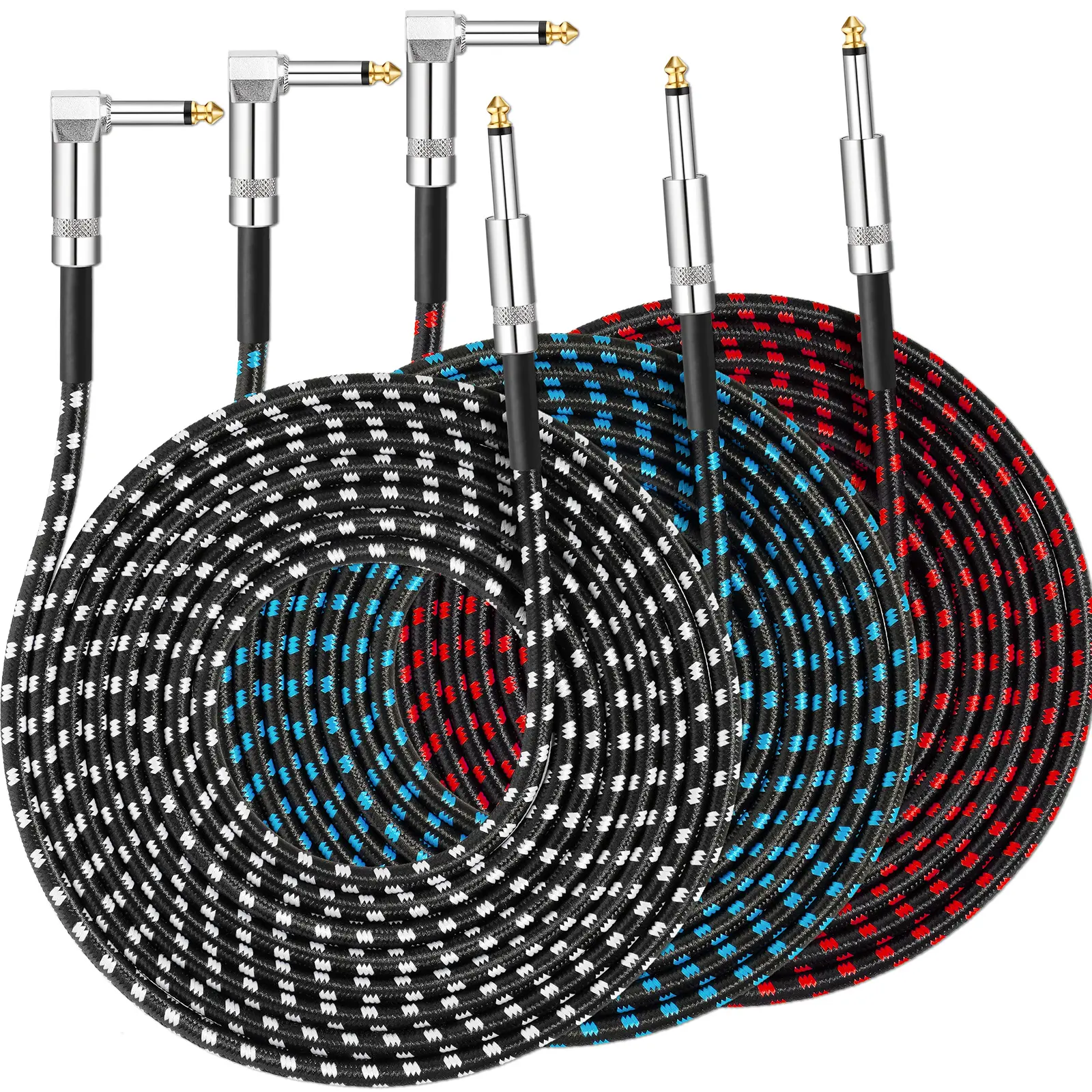 Tomorotec 3-Pack 10ft 1/4 Inch Braided Construction Copper Instrument Cables, Sturdy PE Build, Tangle-Free Tweed Jacket for Electric Guitar, Bass Guitar (Live Performances Music Accessory), Guitar Gear