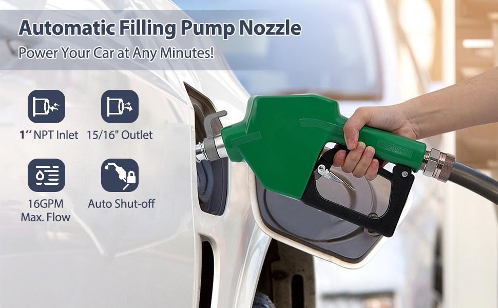 GARVEE Automatic Fuel Nozzle with 1" NPT Inlet, 360° Swivel, 15/16" Spout, 11 GPM Max Flow Rate, Auto Shut Off, Durable Aluminum & PVC Gas Pump Handle for Efficient Fuel Dispensing.