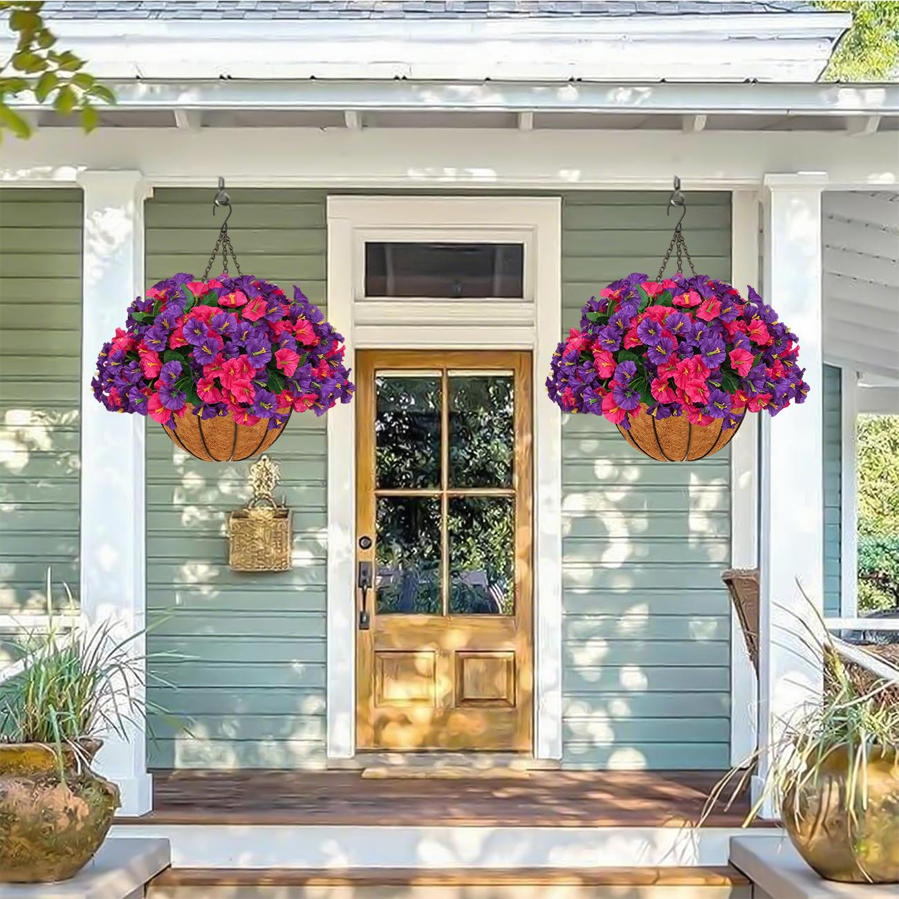 2 Pcs Artificial hanging plant and flower basket, perfect for spring and summer outdoor decoration.  Features realistic silk morning glory flowers, UV-resistant, and suitable for porches, patios, balconies, and gardens.