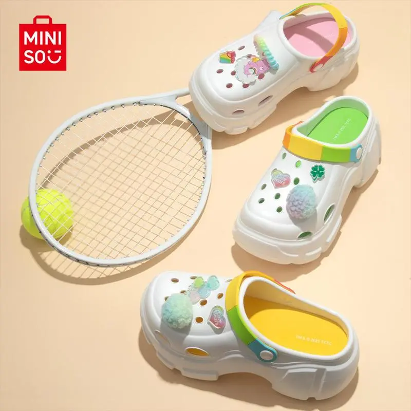 Miniso Care Bears Collection Pom-Pom Thick-Sole Slide Slippers, Cartoon Animal Design Anti-Slip Outsoles Clogs, Soft Cushioned Waterproof Summer Hole Shoes for Women's Casual Wear, Slide Slipper, Soft Cushioned Slippers