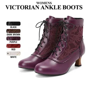 Womens Vintage Ankle Boots with Rounded Toe Kitten Heels Victorian Lace Up Fashionable Gothic Bootie Wedding Party Office Date Cosplay Clubbing Spring Retro Witch Shoes