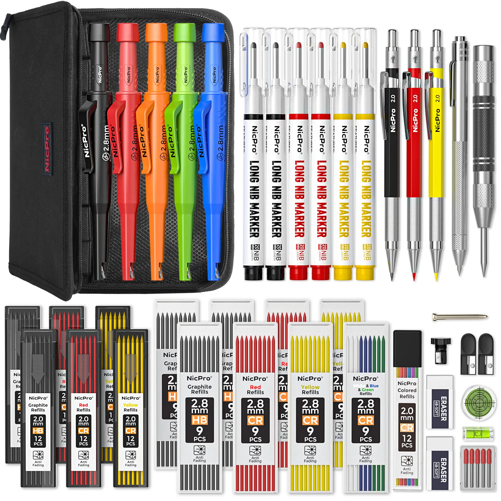 Nicpro Carpenter Pencil Set with Sharpener, CP3000 Mechanical Carpenter Pencils with Refills, Deep Hole Long Nib Marker, Carbide Scribe Tool, Construction Pencils for Architect Woodworking