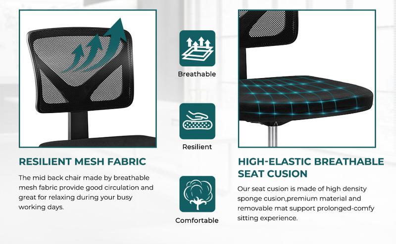 Desk Chair, Armless Computer Chair, Home Office Chairs Low-Back Mesh Task Chair Swivel Rolling Chairs No Arms for Small Space with Lumbar Support