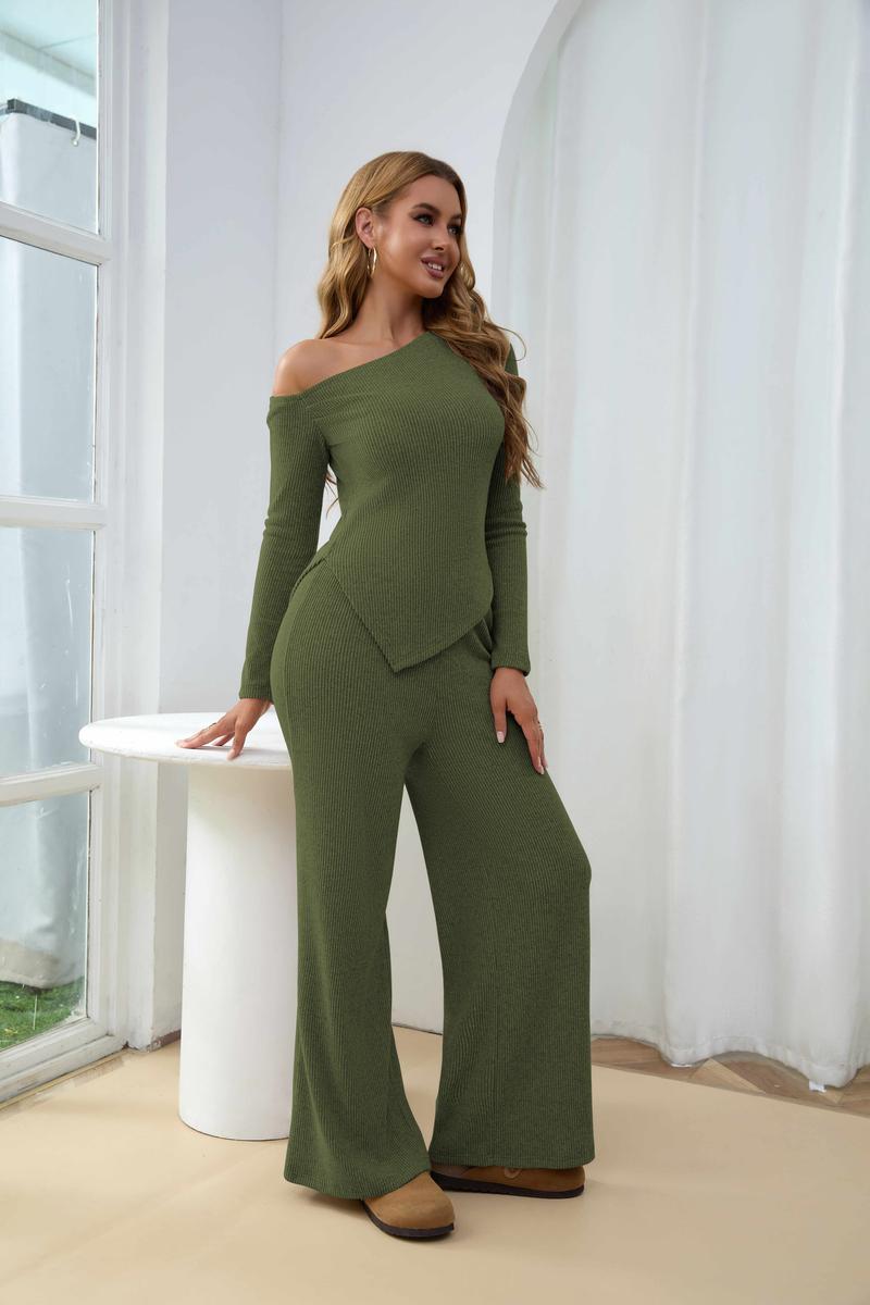 USBoutique Chic Sherpa Set for Women Asymmetric Shoulder Top & High Waist Wide Leg Pants Soft Winter Outfit Beige Color Womenswear Clothes Suits Trouser