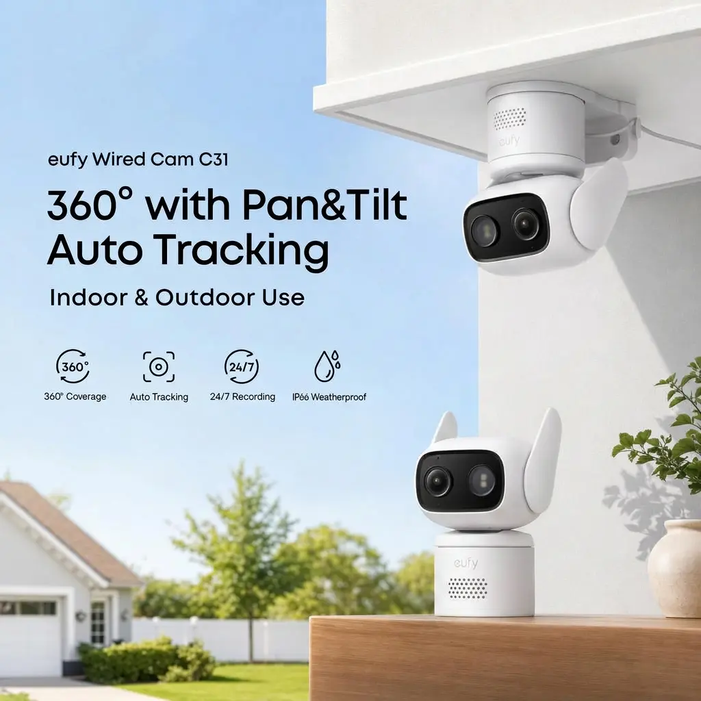eufy Security Wired Camera C31, Indoor/Outdoor Camera, IP66, 360° Coverage with Pan&Tilt, 24/7 Recording, Auto Tracking, No Subscription, Color Night Vision, AI Human/Vehicle/Pet/Cry Detection