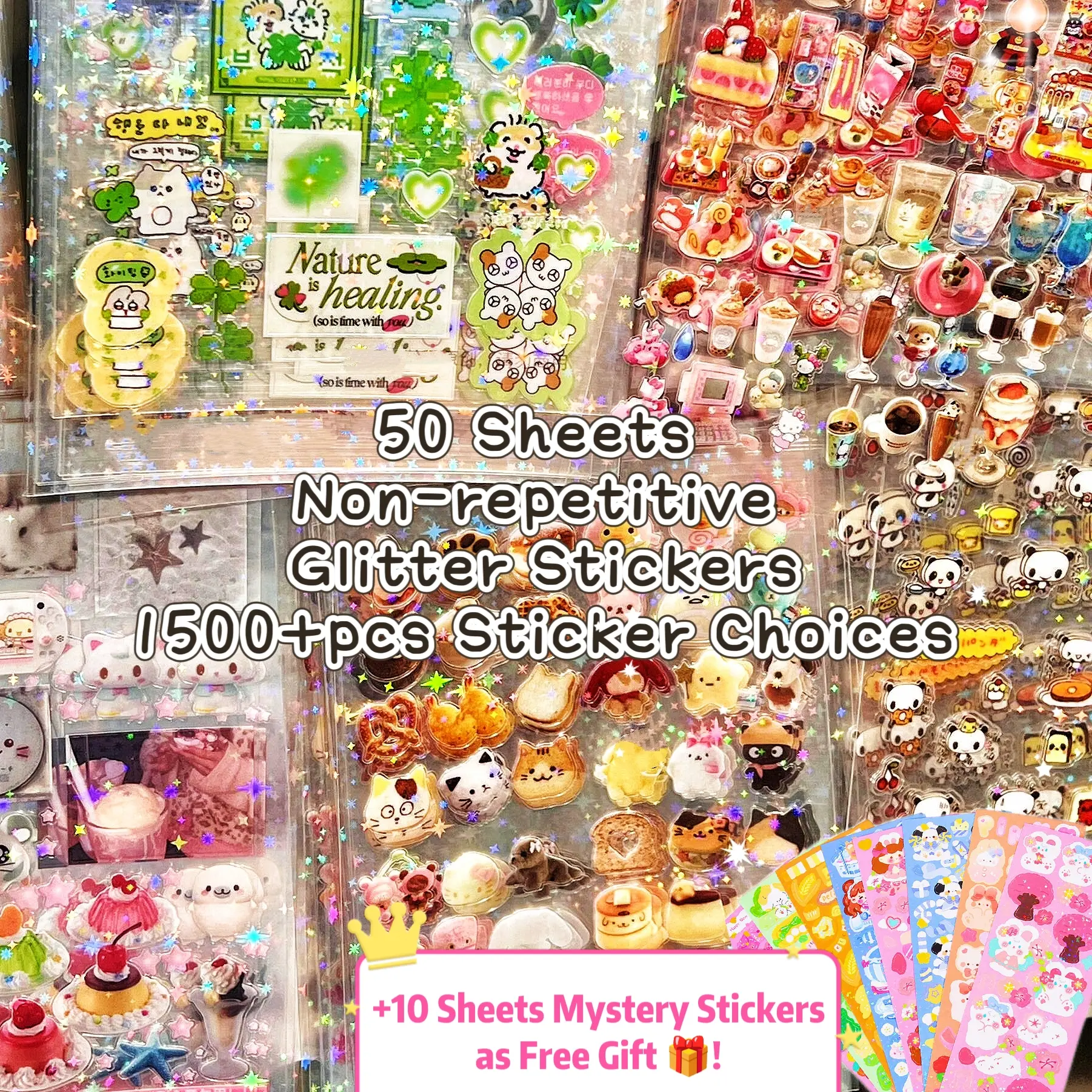 10/50 Sheets, 250+/1250+pcs Diverse Glitter Sticker Pack, Vintage & Y2K Style 10/50 Sheets, 250+/1250+pcs Diverse Glitter Sticker Pack, Vintage & Y2K Style