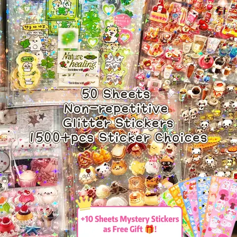 10/50 Sheets, 250+/1250+pcs Diverse Glitter Sticker Pack, Vintage & Y2K Stickers, Japanese Snack Sticker, Kawaii Scrapbook, Shiny Stickers, Cute Girly Sticker Book, DIY Craft, Journal Supplies, Phonecase Sticker Collection, Girls Favorite Cartoon Stickers