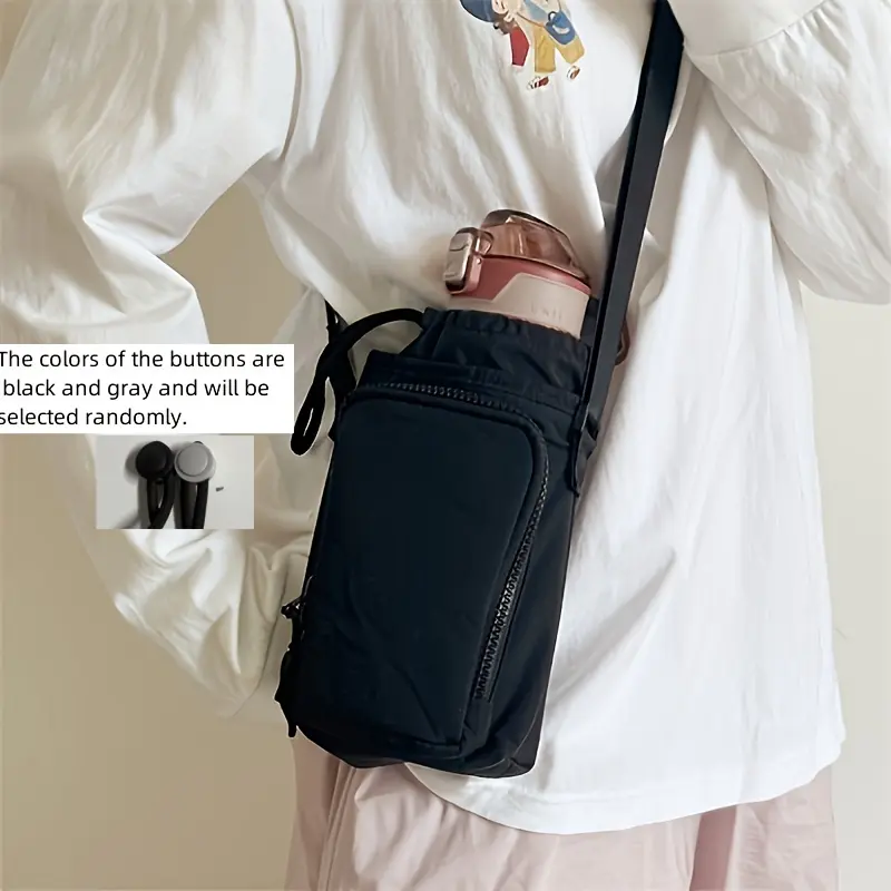 Multifunctional waterproof nylon crossbody bag with built-in water bottle holder and adjustable shoulder strap. Wear-resistant water-repellent fabric, lightweight & portable to store bottles, phones and daily essentials. Hands-free stylish design ideal fo