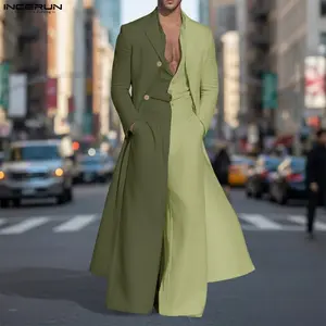 INCERUN Men's 2-Piece Streetwear Style Color Block Suit Set, Long Blazer Jacket, Wide Leg Pants Outfit