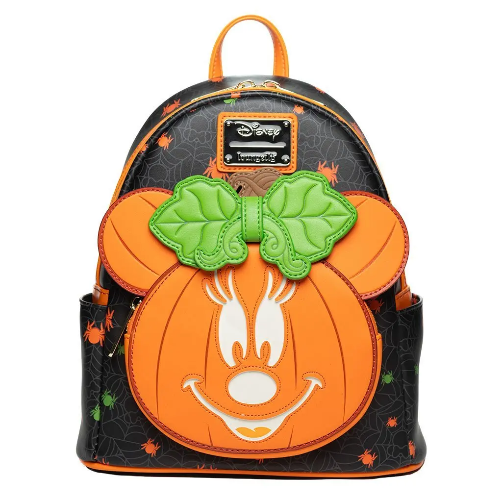 Loungefly Disney Glow-in-the-Dark Pumpkin Minnie Mouse Character Backpack, Lightweight Faux Leather Cute Versatile Casual Daypack with Spider Print for Casual Wear