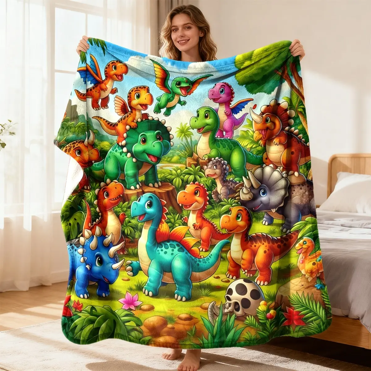 Plush Flannel Dinosaur Blanket - Colorful Cartoon T-Rex & Triceratops Design, Soft Cozy Warmth, Multi-Size, Ideal Birthday Gift for Boys, Whimsical Home Decor for Nursery Bedroom Sofa, Room Decor