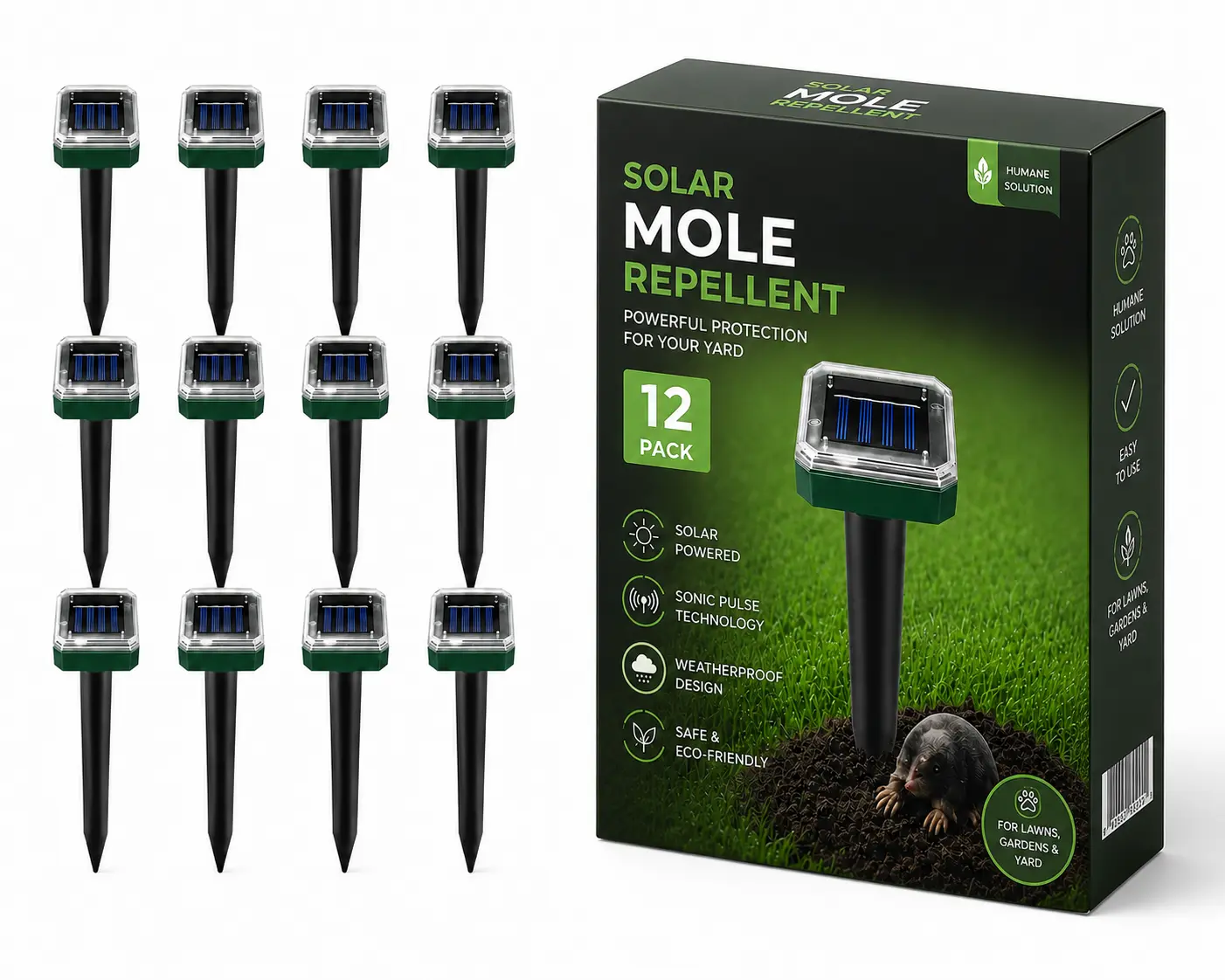 12 Pack Mole Repellent Gopher Repellent Solar Snake Repellent Ultrasonic Vole Gopher Repellent Sonic Waterproof Spikes Stakes for Garden Yard