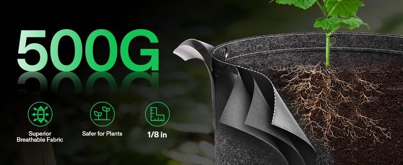 VIVOSUN 5-Pack Grow Bags, 500G Thick Nonwoven Fabric Pots with Strap Handles, Multi-Purpose Rings, for Low Stress Plant Training Fruits, Vegetables, and Flowers