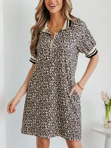 Leopard Print Zip Neck Striped Webbing Patchwork T Shirt Mini Dress, Easy To Style For Casual Outings Or Statement Weekends.