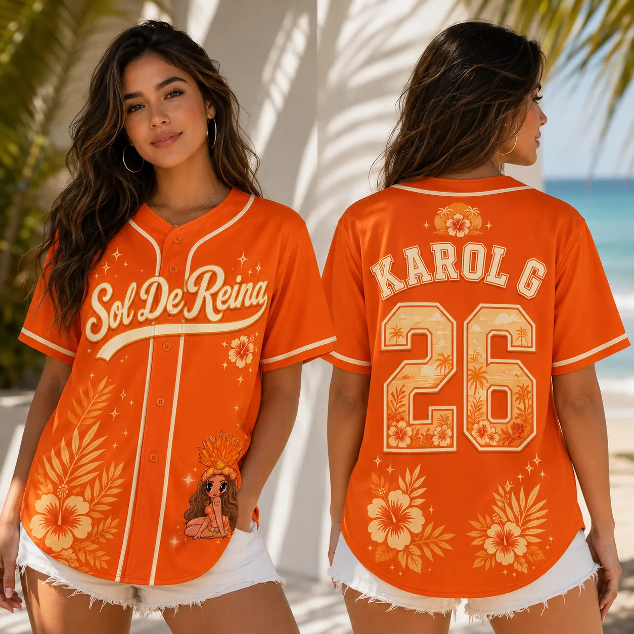 Tropical Floral Number 26 Button-Up Shirt, Sol De Reina Baseball Jersey, Latin Music Concert Fan Outfit, Unisex Summer Top