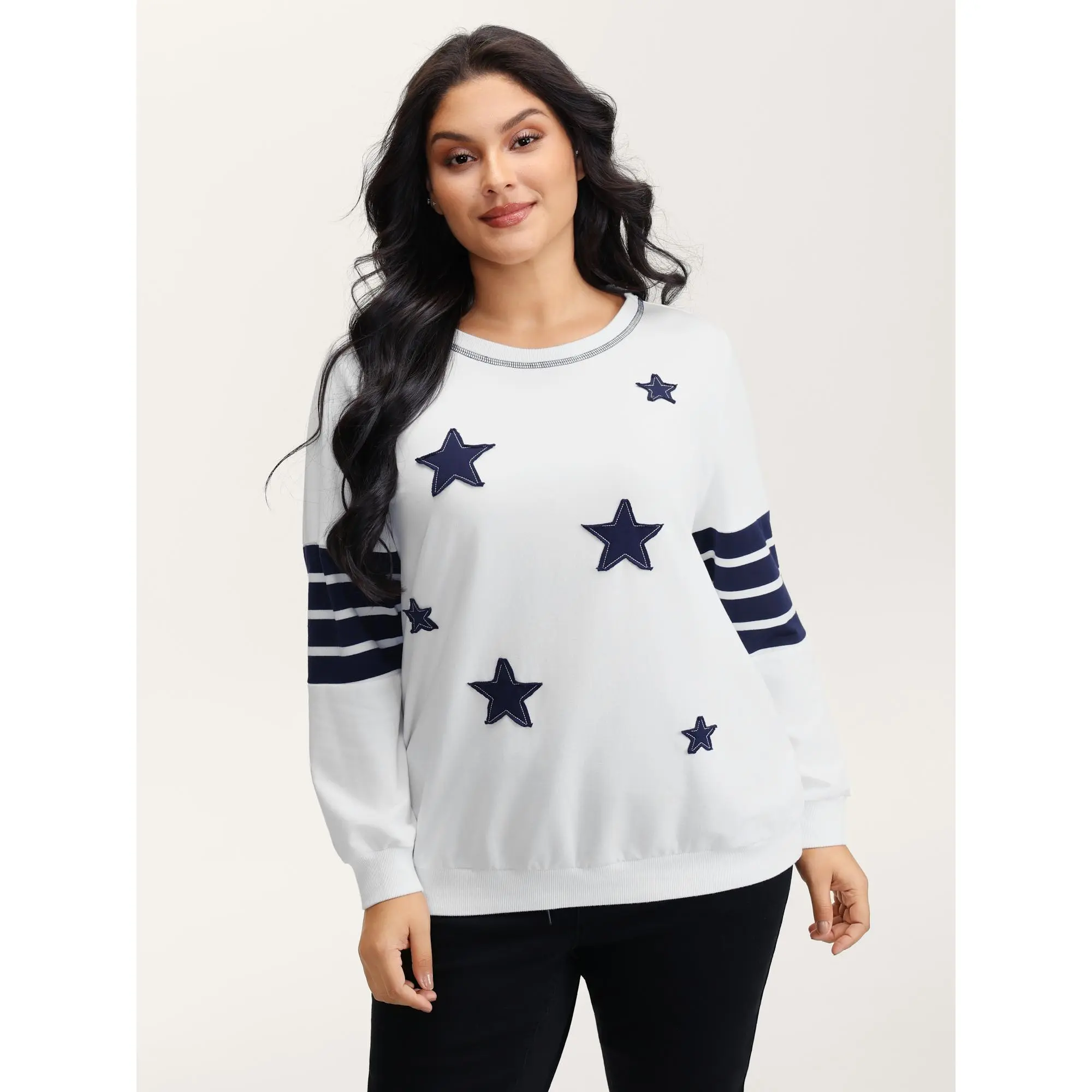 【 Comfy Chic】Bloomchic Star-Stripes Applique Stretchy Hem Sweatshirt Fit Hoodie  Fabric Womenswear,Summerfinds