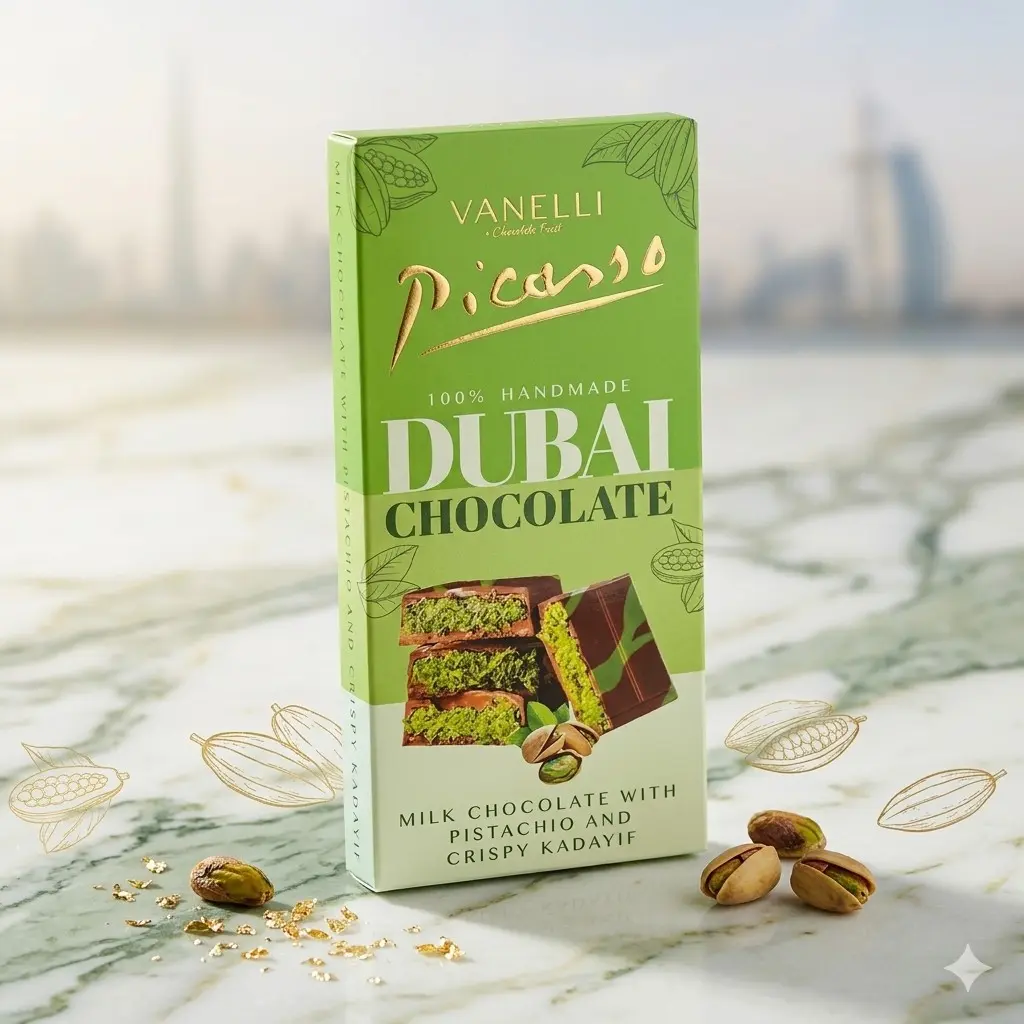 Vanelli Picasso Dubai Chocolate 200g (7.05oz) | Ultra Premium Pistachio Kataifi Bar | Luxury Gourmet Dubai Chocolate | Rich Pistachio Cream Filling | Crispy Kataifi | Upscale Gift | Artisan Chocolate Bar