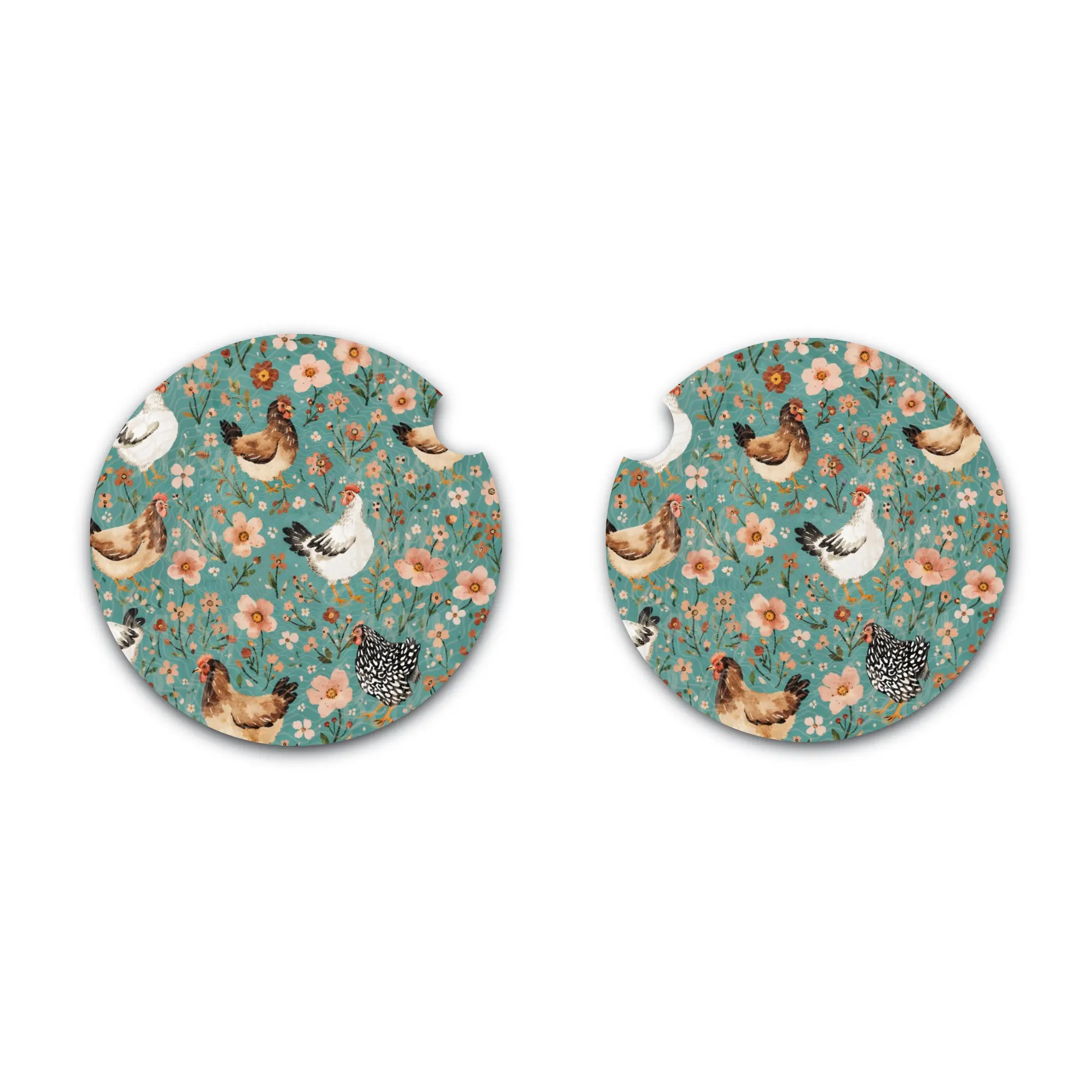 Chicken Car Coasters Set of Two, Floral Hens Car Cup Holder, Blue Turquoise Car Cup Inserts, Farm Chick Style, Interior Auto Accessories, Soft Neoprene Car Coasters