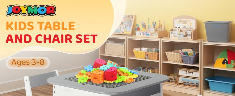 JOYMOR Toddler Table And Chair Set with Storage, 4-In-1 Tabletops Kids Table and Chairs for Crafts (Building-Blocks Board, Blackboard, Whiteboard), Wooden Activity Table for Toddlers Playing