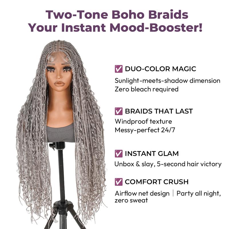 SuperNova #Gray 36" Full Lace Bohemian Box Braided Synthetic Wig, Premium Quality, Lightweight, Ideal for Stylish Hair Transformation