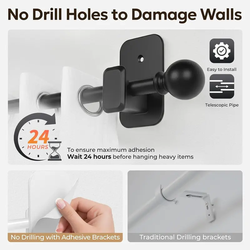 Inovaday | No-Drill Curtain Rods For Windows-Adjustable 5/8" Tension Rods, Adhesive Brackets, Easy Install Black Drapery Pole,Back To School,Renter-Friendly/Dorm Essentials,Home Decor,Home Essentials