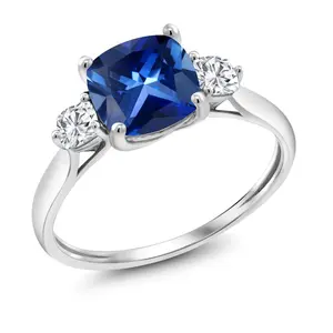 10K White Gold Blue Created Sapphire and White Moissanite 3-Stone Engagement Ring | 2.26 Cttw | Cushion 7MM and 3MM | Three Stone Wedding Anniversary Promise Ring For Women