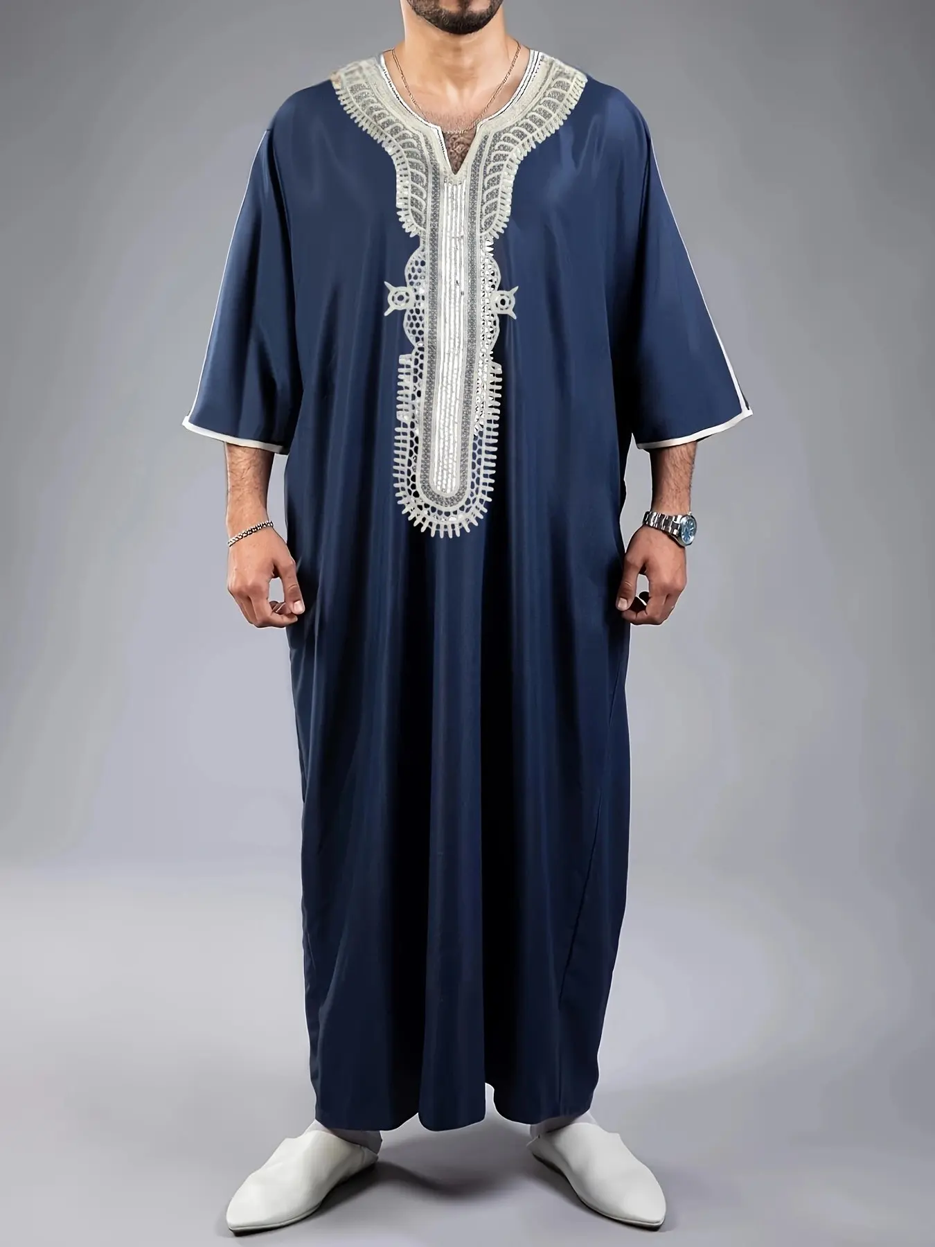 Moroccan Style Men's Robe Thobe, V-Neck Design, Middle Eastern Dubai Ethnic Long Robe, Daily/festival Wear, Floral Trim, Arabic Thobe, Loose Fit Jubba For Men