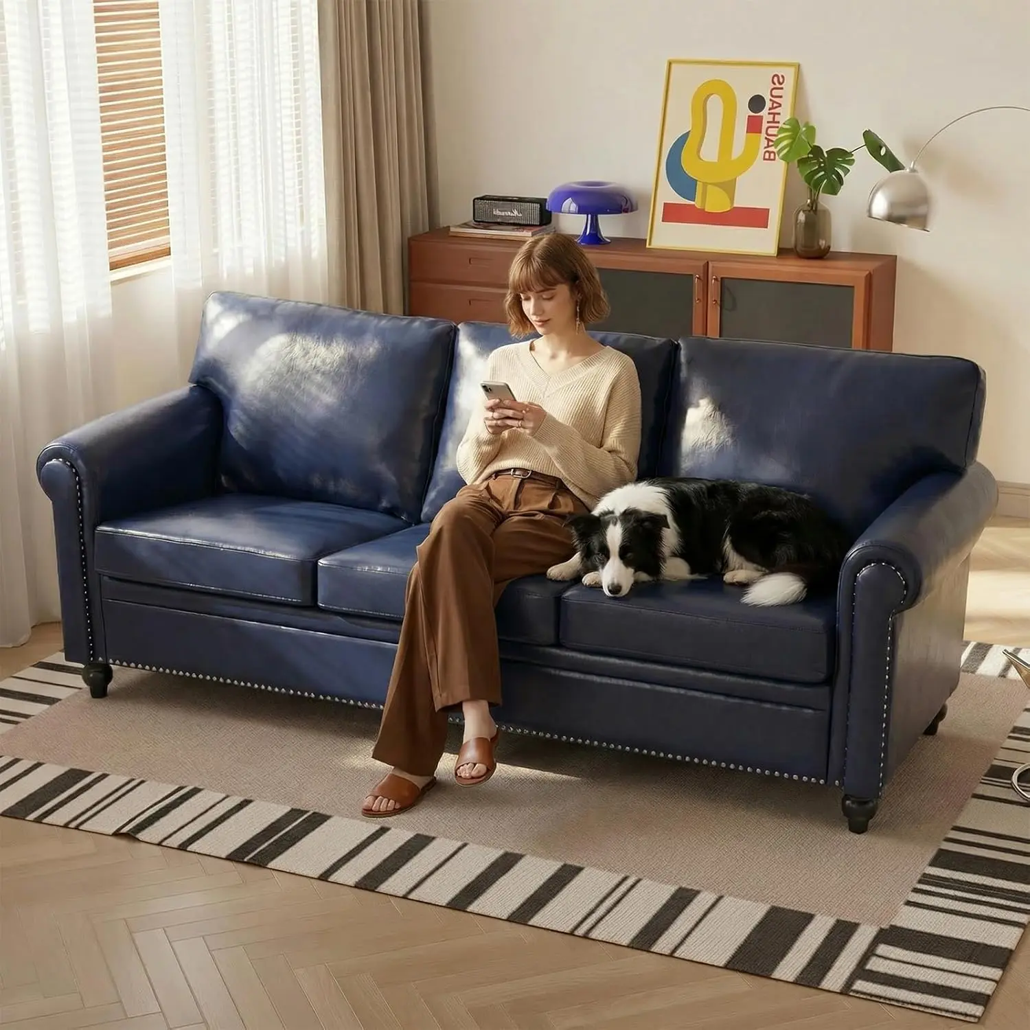 Chesterfield Sofa, Faux Leather 3-Seater Couch with Nailhead Trim, Leather Couch Traditional Midcentury Modern Leather Sofa, Traditional Couch for Living Room, Office, Navy Blue