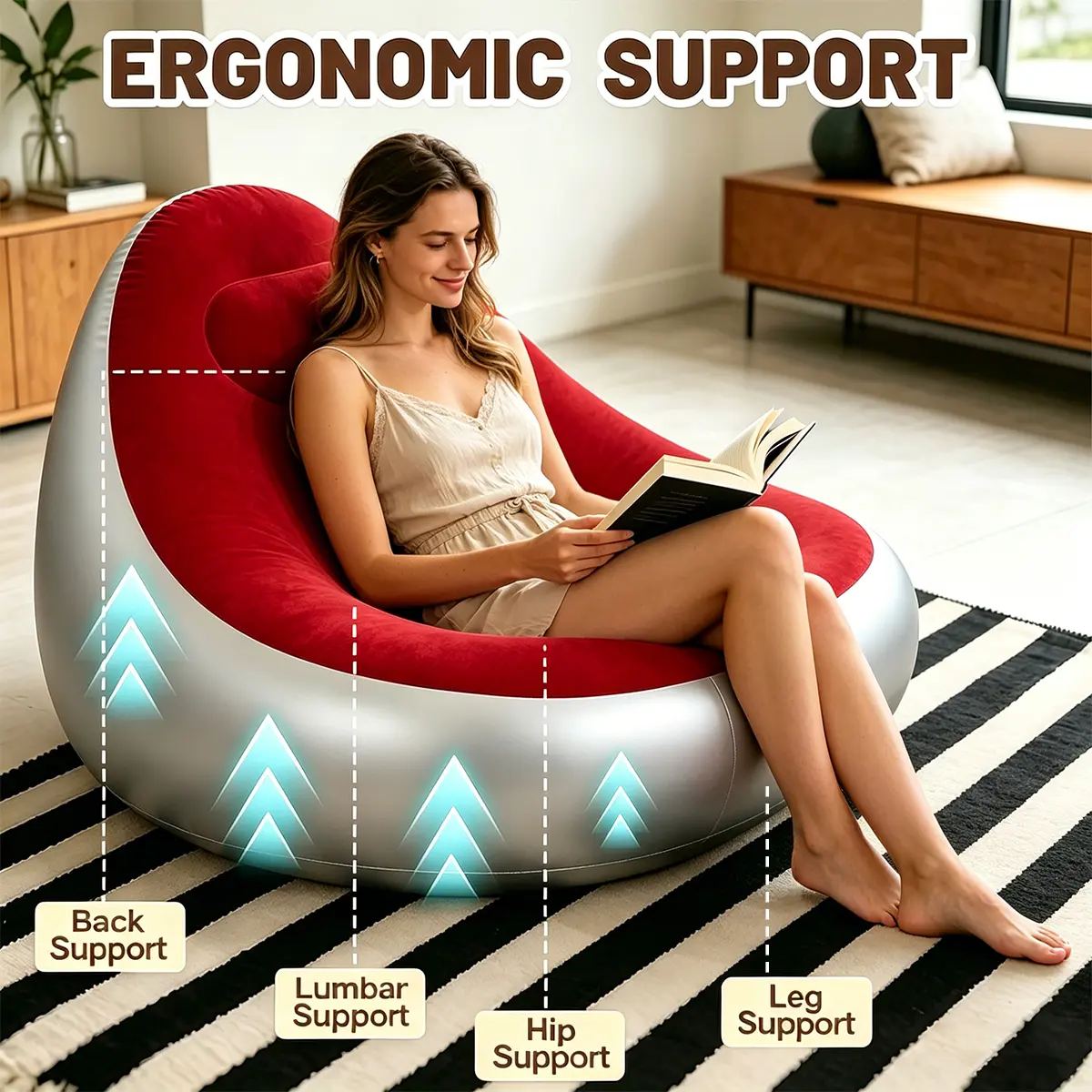 Dog & Cat Inflatable Lazy Sofa with Ottoman, Flocked Fabric, Foldable Compact Relaxing Blow-Up Lounge Chair, Space-Saving Indoor/Outdoor Set with Portable Filling Pump