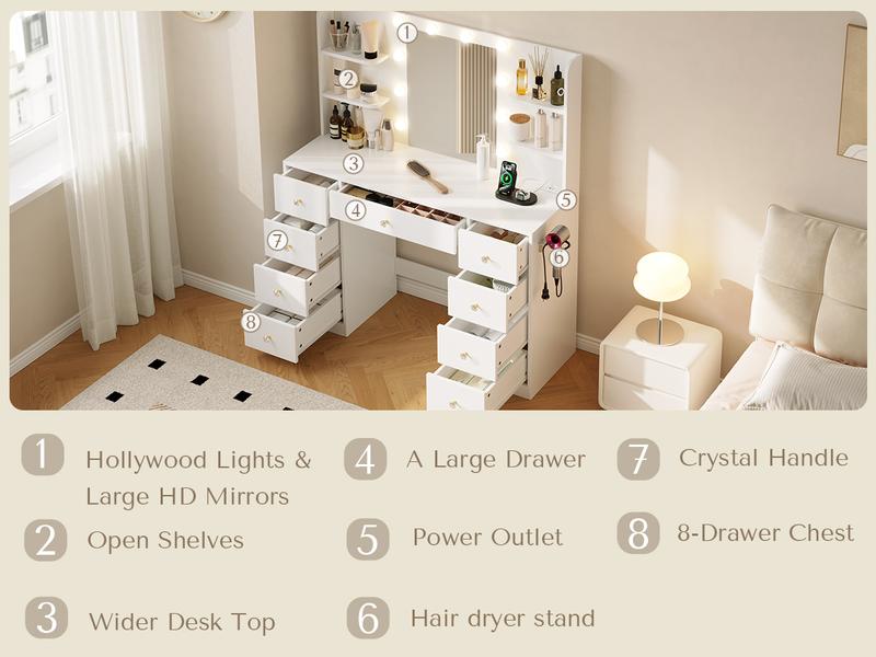 [New Year Deals] Vanity Desk with Mirror Lights 9 Drawers 6 Storage Shelves Dressing Table Power Outlet 3 Color Modes 10 LED Bulbs for Girls Bedroom,Gift for Daughter, Wife & Mom – Girls Bedroom Essential