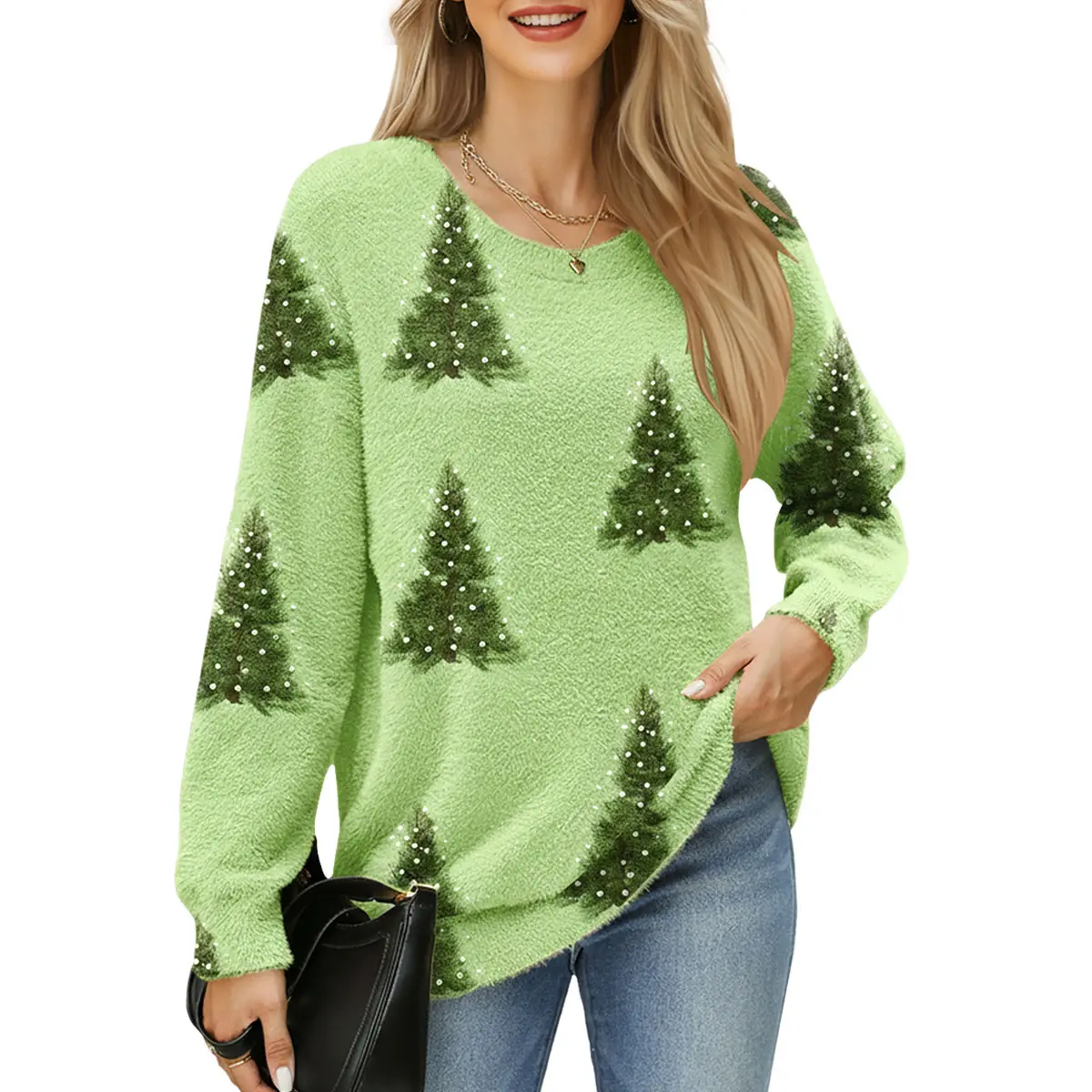 ETCYY Women's Christmas Knit Cardigan, Casual Vintage Sweater with Xmas Tree Print, Long Sleeve Button-Up Crewneck Outerwear for Fall Winter, Knitwear, Tops Womenswear, Knitting, Crew Neck, Waffle Knit, Nylon, Acrylic, Cute, Retro