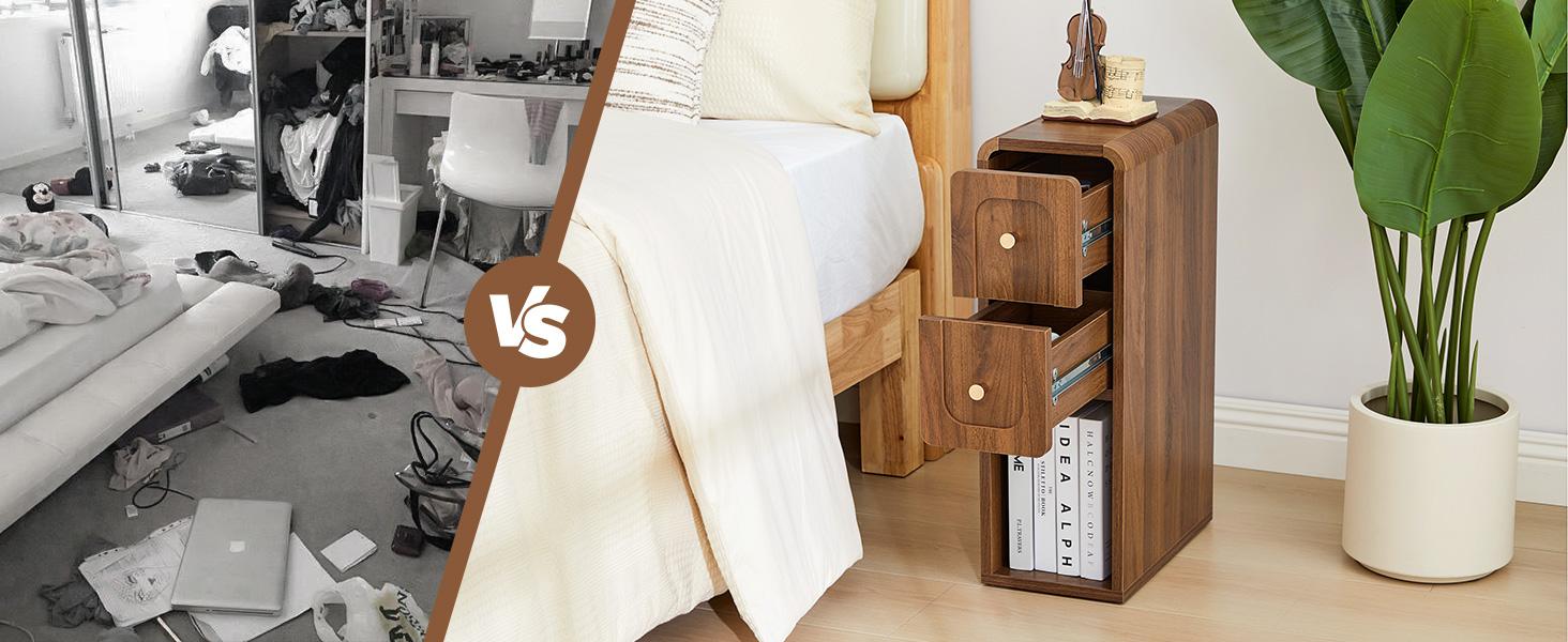 Giratree 23.62" Narrow Nightstand with 2 Drawers, Small Bedside Tables, Mid-Century Modern Slim Night Stand with Storage, Wooden End Table for Small Spaces, Bedroom, Living Room Giratree 23.62" Narrow Nightstand with 2 Drawers, Small Bedside Tables, Mid-Century Modern Slim Night Stand with Storage, Wooden End Table for Small Spaces, Bedroom, Living Room