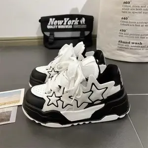 Men's Versatile Thick-Soled Height-Increasing Dad Shoes Spring Couple Sports Star White SneakersLZJ