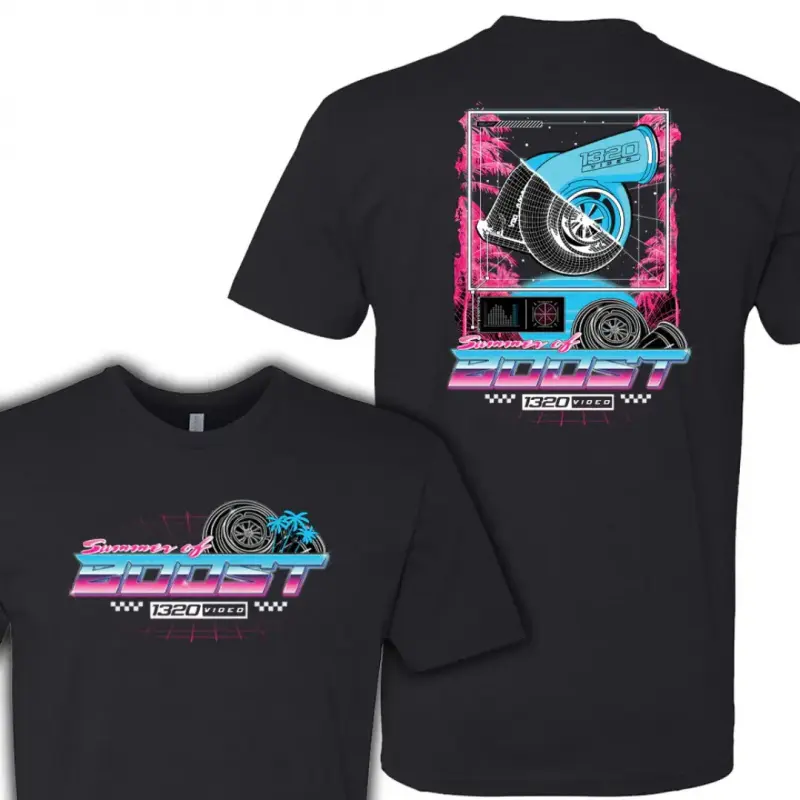 1320 Video "Summer of Boost" Turbo Racing Shortsleeve Shirt - Retro Neon Turbocharger Graphic - Breathable Casual Menswear Outfits for JDM Fans, Car Enthusiasts - Perfect for Men, Cotton