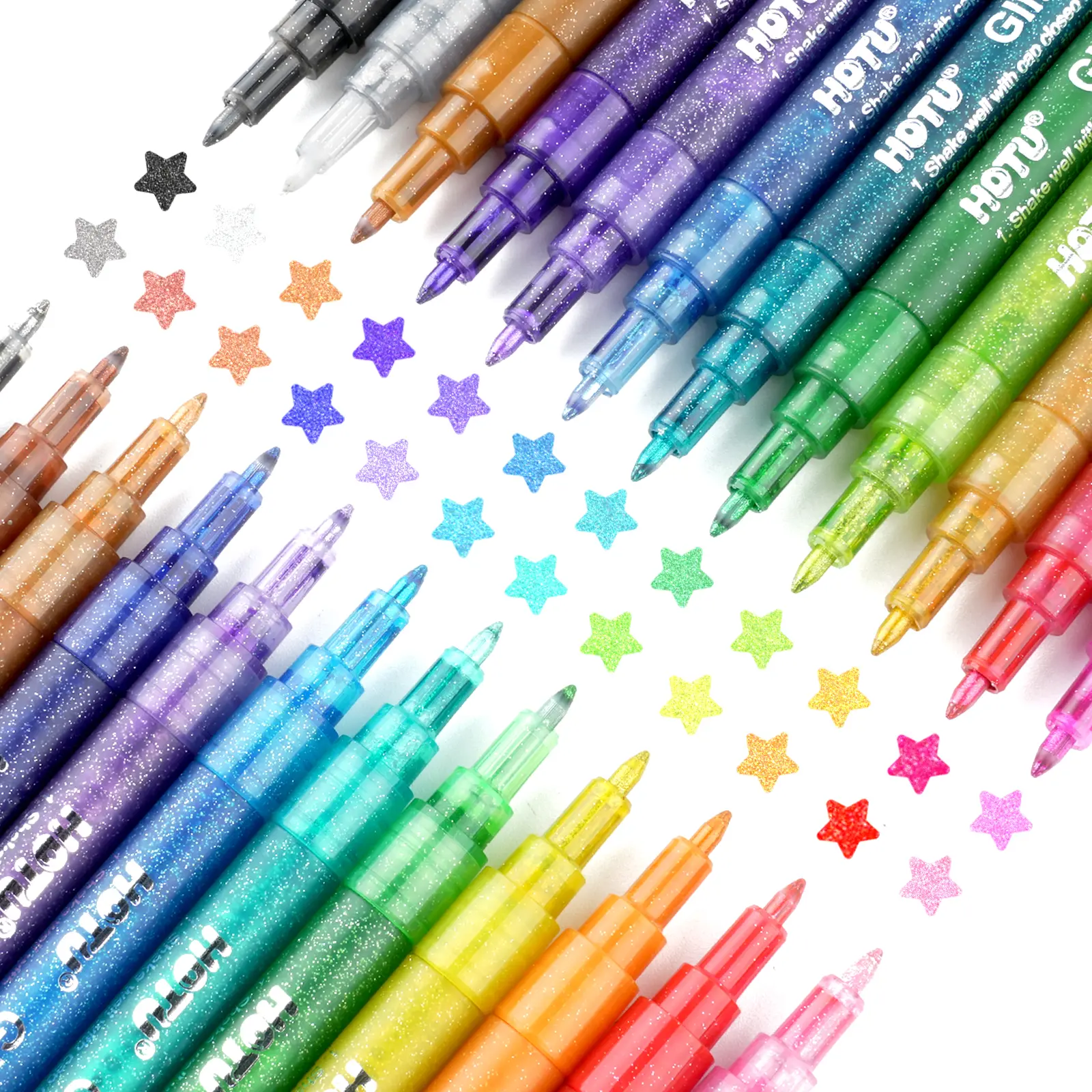 HOTU 24-Pack Water-Based Ink Glitter Markers for Stress Relief & Relaxation Journaling DIY Crafts Mom Kids Art Set Quick Dry Waterproof Lightfast 0.7mm Tip - Vibrant Creativity