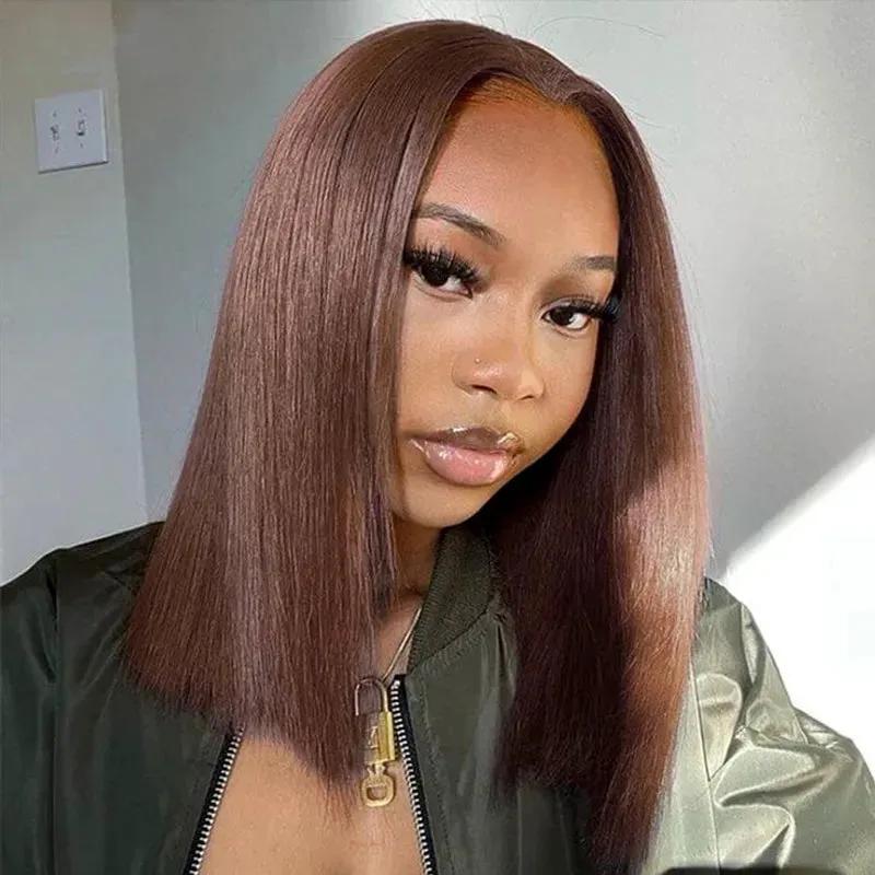 Budget Friendly Chocolate Brown Straight Bob Wig 13x4 Glueless Lace Front Human Hair Wigs Free Side Part Human Hair Wigs Pre Plucked