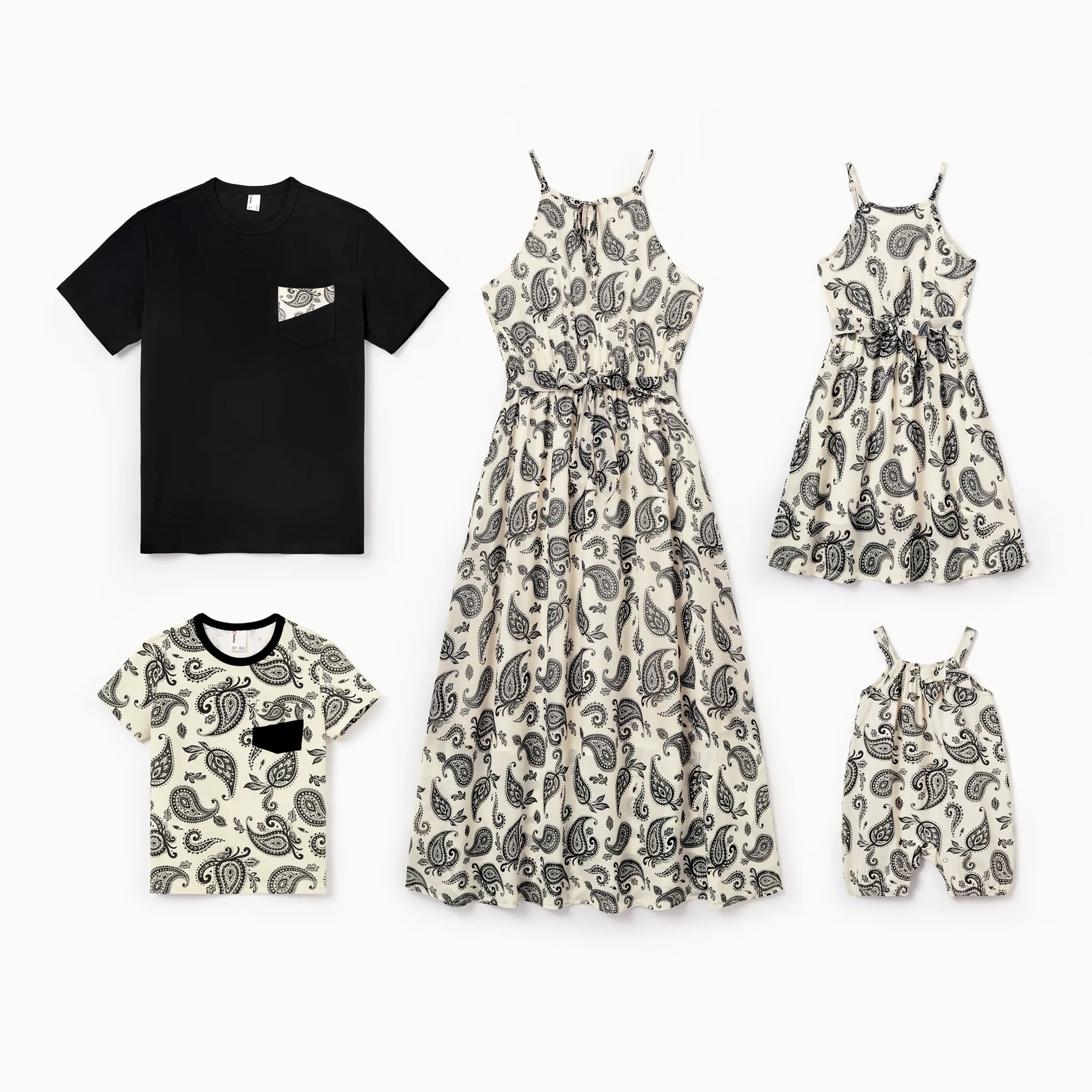 Family Matching Paisley Print Outfits Sleeveless Spaghetti Strap Dress & Cotton T-Shirt for Mom, Dad, & Kids Perfect for Family Outings & Photos