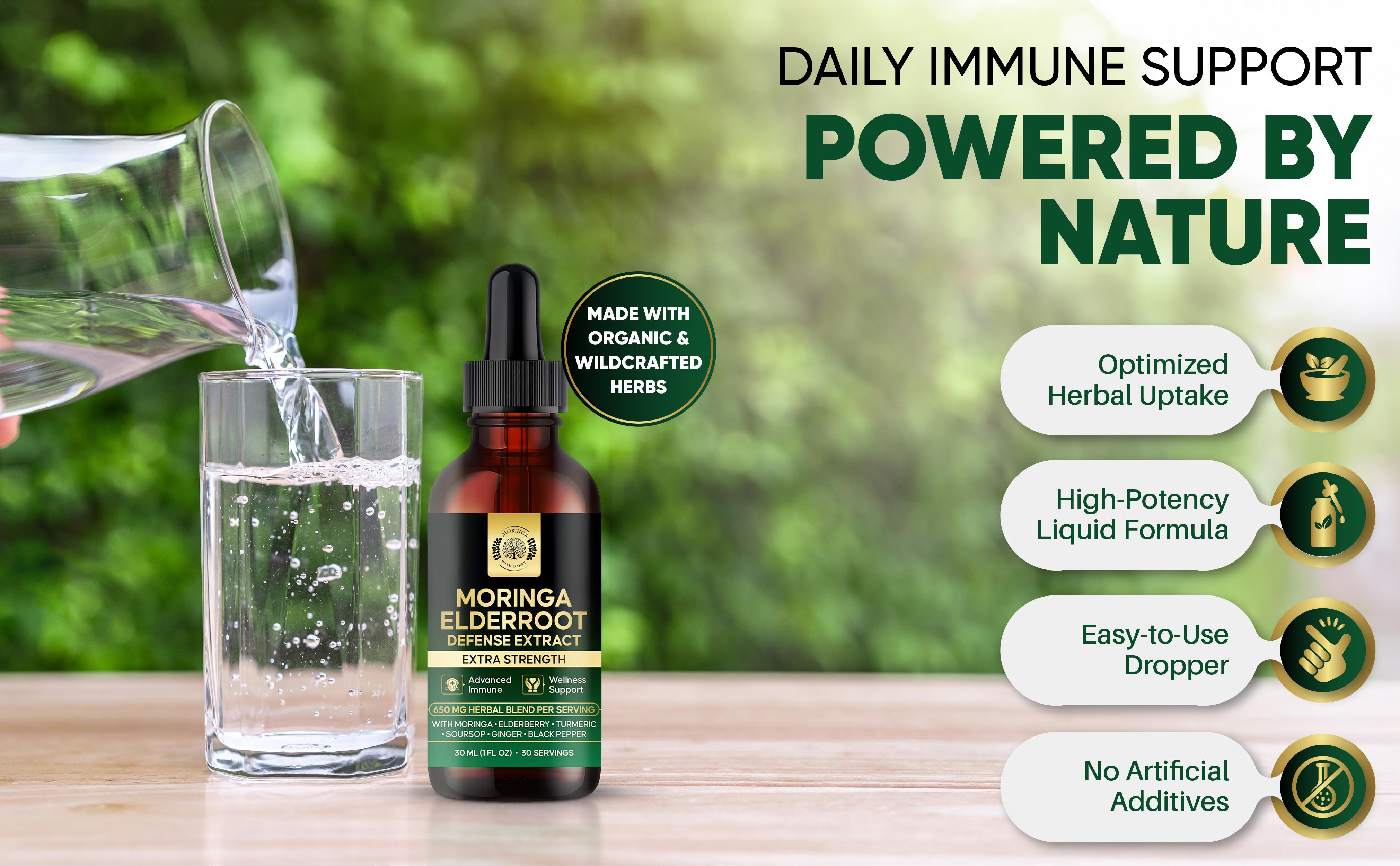 Moringa ElderRoot Defense Extract – Multi-Herb Botanical Drops with Elderberry, Turmeric, Ginger, Soursop & Black Pepper | 650 MG Herbal Blend for Daily Wellness & Immune Support