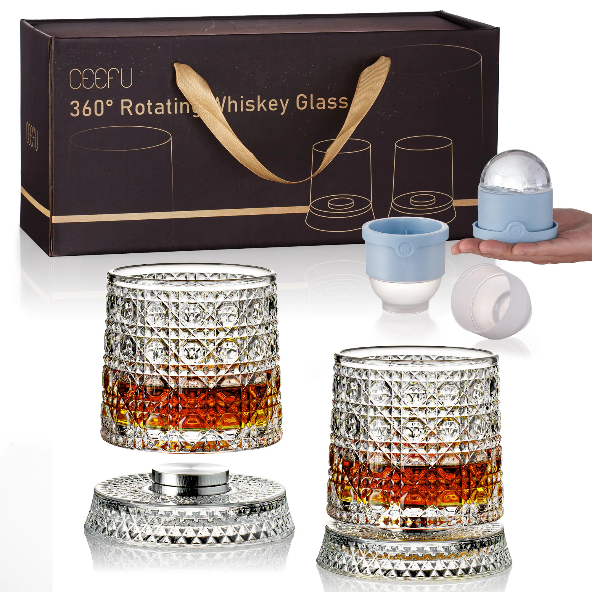 Luxury Spinning Crystal Glass Drinkware Gift Set – 2 Glasses+2 Ice Ball Molds+Gift Box,  Rotating Whiskey Glass Gift Set for Boyfriend, Father, Adults, Perfect for Halloween  Parties, Thanksgiving & Christmas Gifts