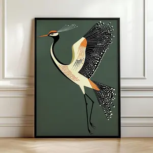Fancy Flying Crane, Art Deco Wall Art, Retro Mid Century Modern House Decor, Bird Lover Decor, Vintage Japandi Wall Art,