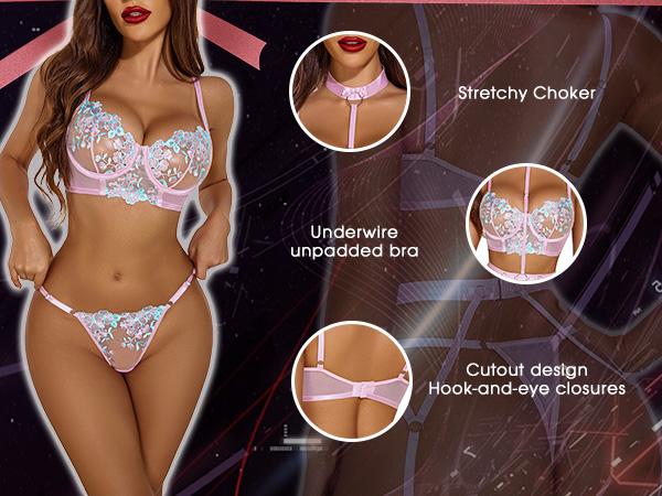 Avidlove Garter Lingerie Sets for Women Lace With Removable Choker Floral Embroidered Underwire Lingerie