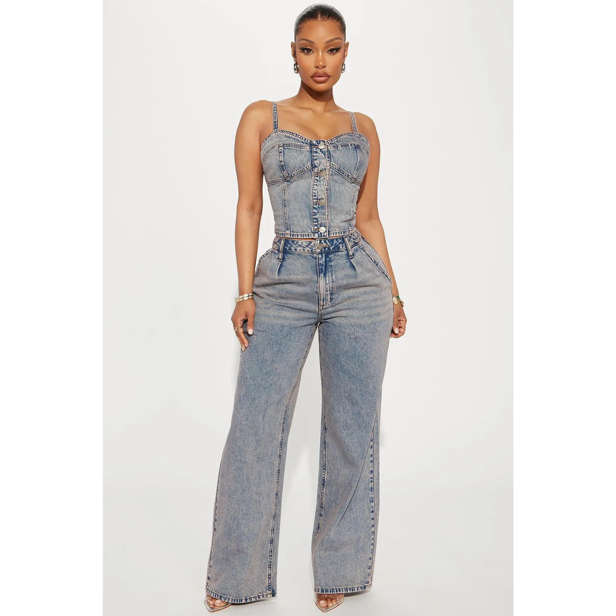 Cassie Denim Pant Set - Vintage Wash