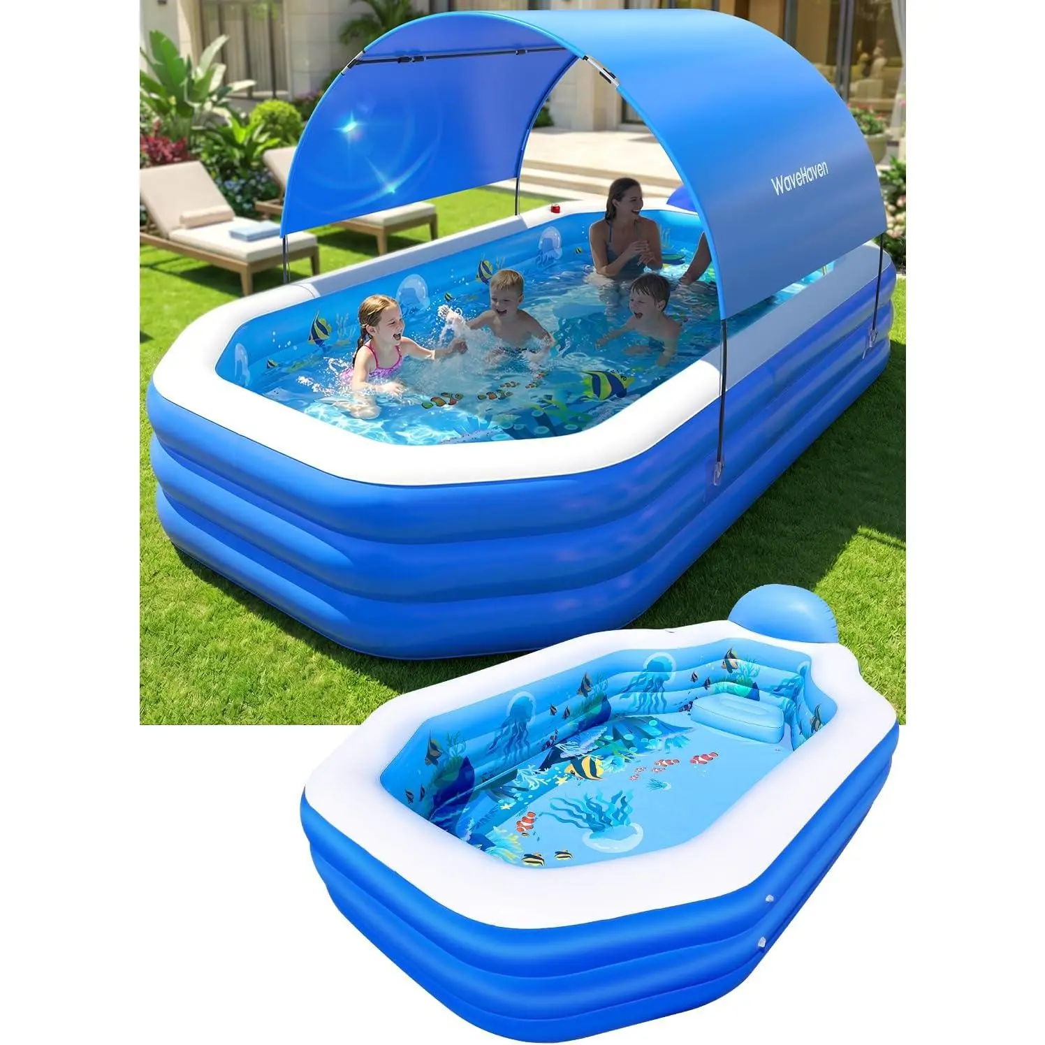 2026 Inflatable Pool with Canopy, Large Inflatable Pool for Kids,Adults, Blow Up Pools with Seats,Oversize Thickened 118"x75"x22"Inflatable Swimming Pools, Kids Pool for Backyard,Ocean Theme-Blue
